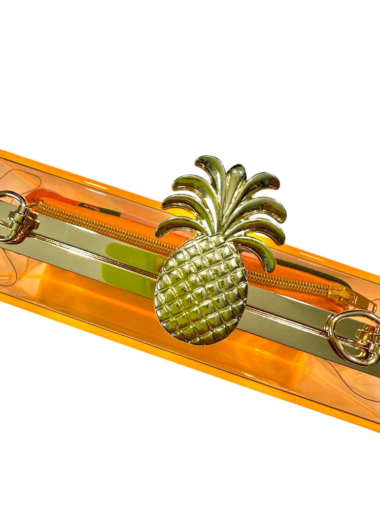 
            
                Load image into Gallery viewer, Acrylic Neon Gold Pineapple Orange Clutch with Removable Chain Strap
            
        