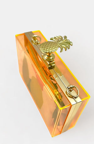 
            
                Load image into Gallery viewer, Acrylic Neon Gold Pineapple Orange Clutch with Removable Chain Strap
            
        