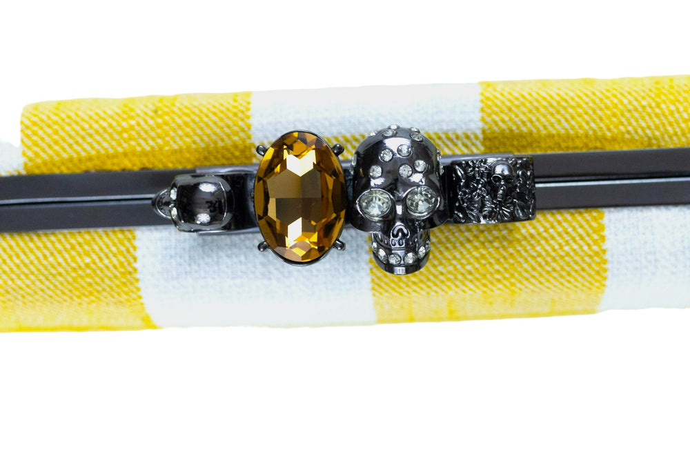 Skull Knuckle Four Rings Metal Box Clutch Yellow Plaid