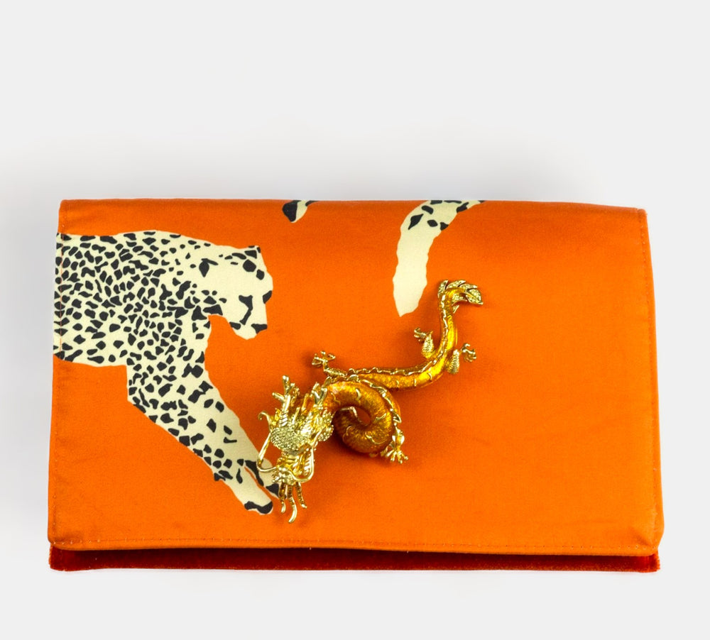 
            
                Load image into Gallery viewer, Bright Orange Leopard Clutch With Dragon
            
        