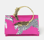 Bright Pink Leopard Clutch With Alligator Handle