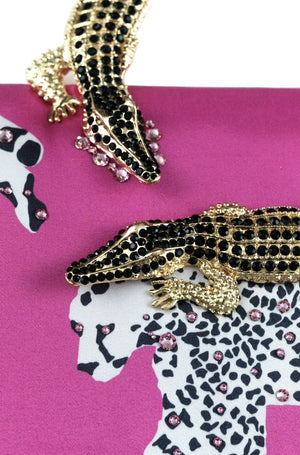 
            
                Load image into Gallery viewer, Bright Pink Leopard Clutch With Alligator Handle
            
        