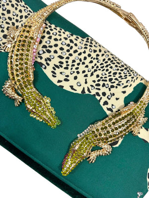 Dark Green Leopard Clutch With Alligator Handle