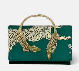 Dark Green Leopard Clutch With Alligator Handle