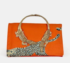 Bright Orange Leopard Clutch With Alligator Handle